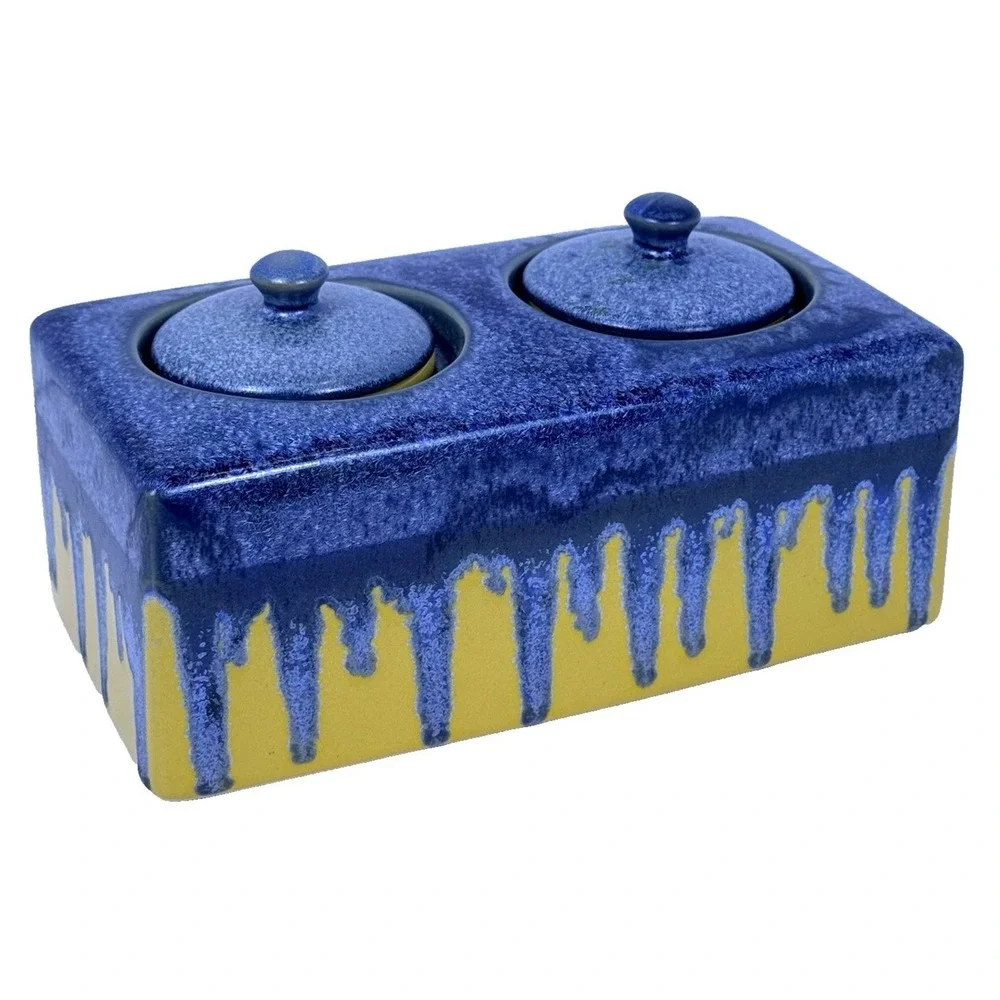 Ceramic Vanity Organizer Sink Caddy Lidded Jars Blue Drip Glaze on Yellow